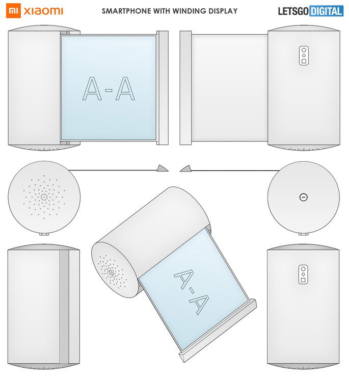 Patente de smartphone da Xiaomi que mais parece uma coluna inteligente. Crédito: LetsGoDigital