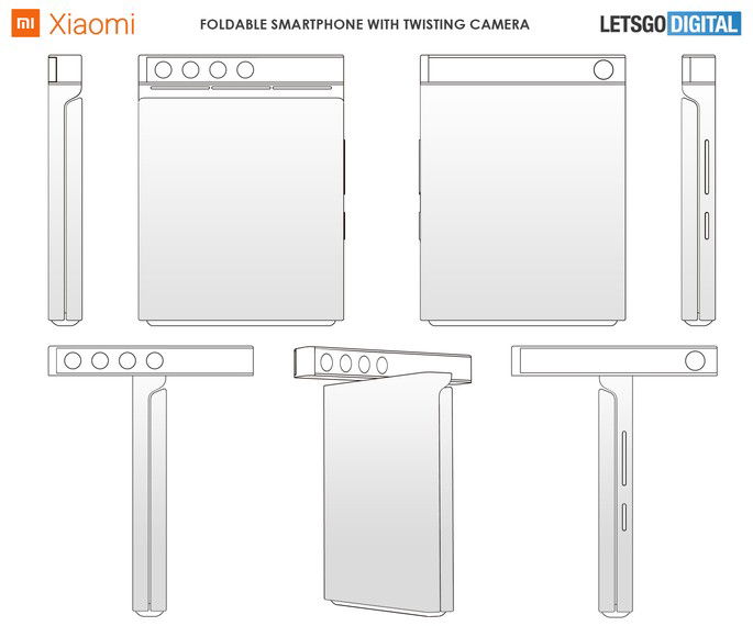 Patente de smartphone dobrável da Xiaomi com câmara rotativa. Crédito: LetsGoDigital