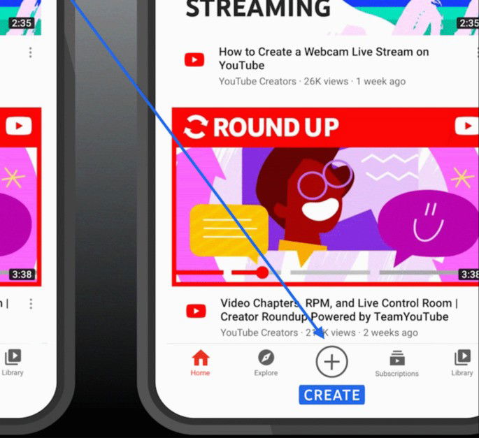 O novo botão 'criar' no Youtube. Crédito: 9to5Google