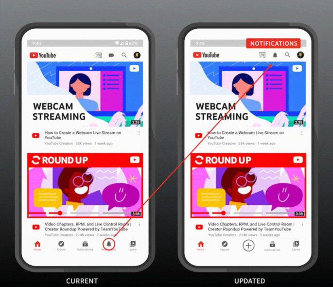 O antes e o depois do botão 'criar' no Youtube. Crédito: 9to5Google