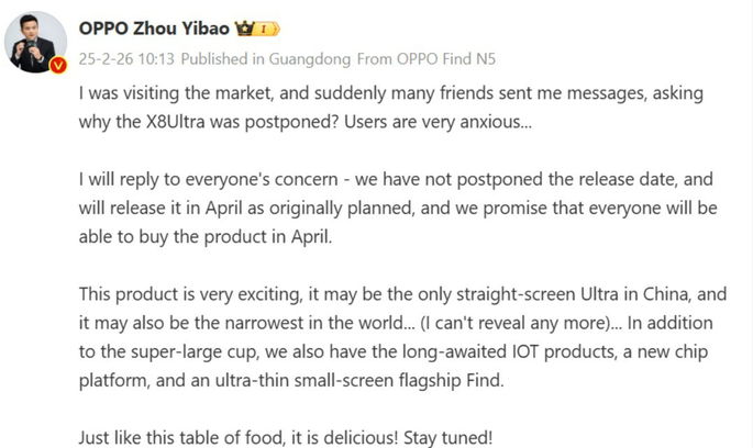 publicação OPPO sobre lançamento Find X8 Ultra